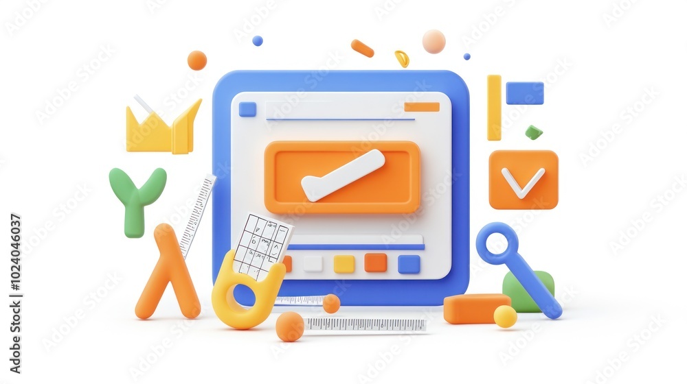 A colorful 3D illustration of design tools and elements for digital content creation. A colorful 3D illustration of design tools and elements for digital content creation.