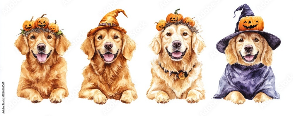 Playful Golden Retrievers in Festive Attire Playful Golden Retrievers in Festive Attire