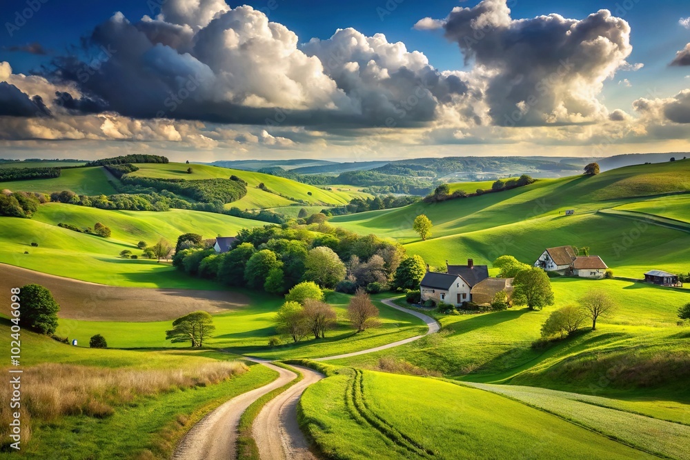Fototapeta premium Idyllic countryside landscape with rolling hills, scattered houses, winding path, partly cloudy sky