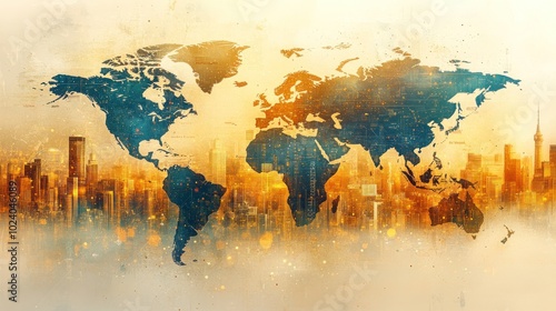 Fototapeta Naklejka Na Ścianę i Meble -  A world map silhouette with a city skyline in the background. The map is in black and the city skyline is in a warm orange color. The background is a soft orange with some fog, creating a hazy effect.