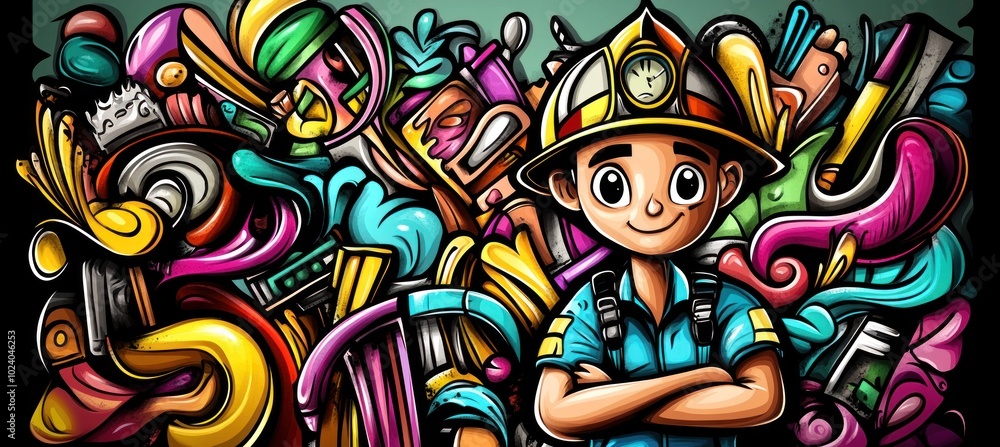 A cheerful firefighter stands amidst colorful, abstract shapes and tools. A cheerful firefighter stands amidst colorful, abstract shapes and tools.