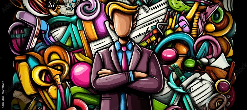 A stylized figure stands confidently amidst a chaotic array of colorful objects and tools. A stylized figure stands confidently amidst a chaotic array of colorful objects and tools.