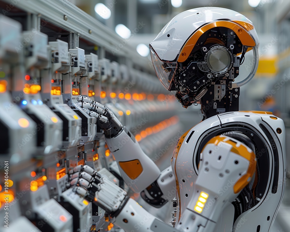 Futuristic Robot Interacting with Control Panel Futuristic Robot Interacting with Control Panel