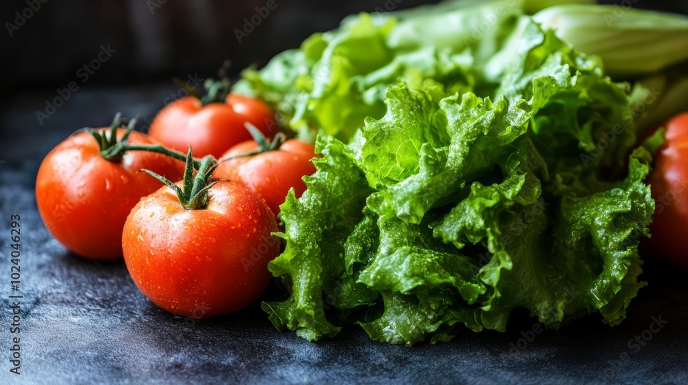 Fresh tomatoes with crisp lettuce on a dark rustic surface, healthy vegetables for cooking or salad preparation. Concept of organic produce, freshness, and healthy diet Fresh tomatoes with crisp lettuce on a dark rustic surface, healthy vegetables for cooking or salad preparation. Concept of organic produce, freshness, and healthy diet