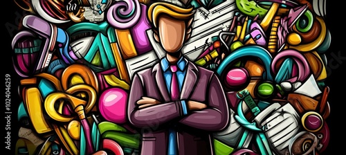 A stylized figure stands confidently amidst a chaotic array of colorful objects and tools.