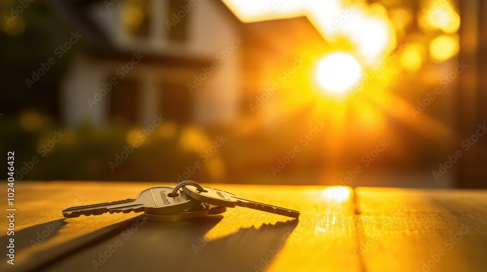 New Homeownership Concept with House Keys on Wooden Surface at Sunset New Homeownership Concept with House Keys on Wooden Surface at Sunset