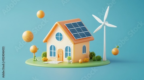 A colorful model house with solar panels and a wind turbine, symbolizing renewable energy.