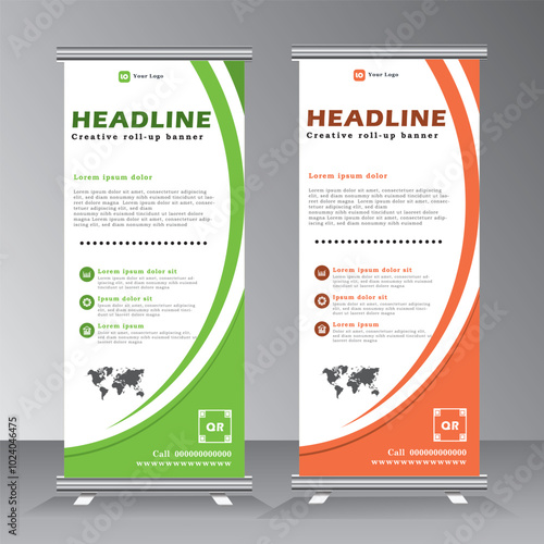 Roll up banner template design, roll up banner layout, advertisement, pull up, background, vertical vector banner with green and orange colour, business presentation.