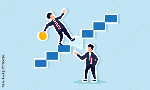 A businessman slips on the stairs while holding bitcoin due to a speech made by another businessman, illustrating how powerful statements can impact bitcoin valuation