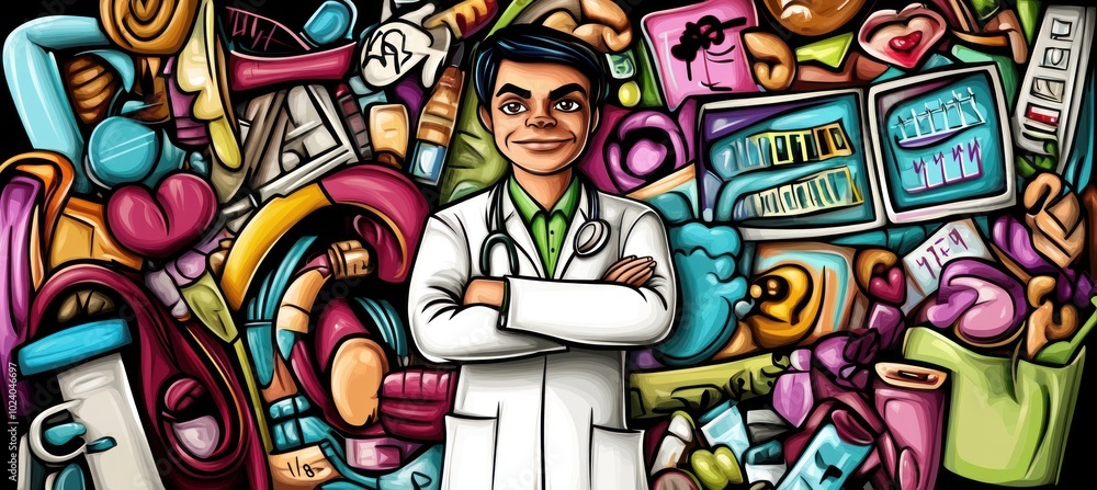 Fototapeta premium A doctor stands confidently amidst various medical tools and supplies, symbolizing healthcare.