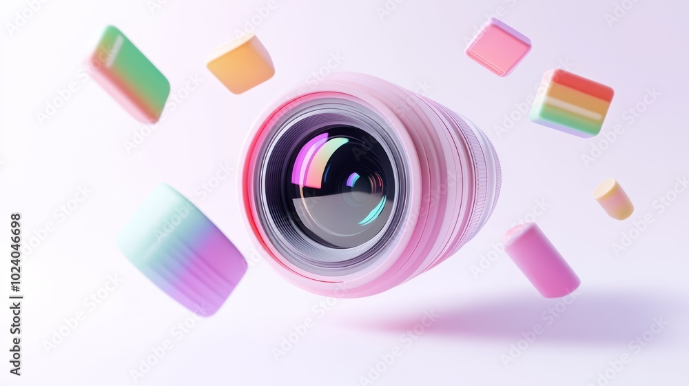 A colorful camera lens surrounded by pastel marshmallow-like shapes. A colorful camera lens surrounded by pastel marshmallow-like shapes.