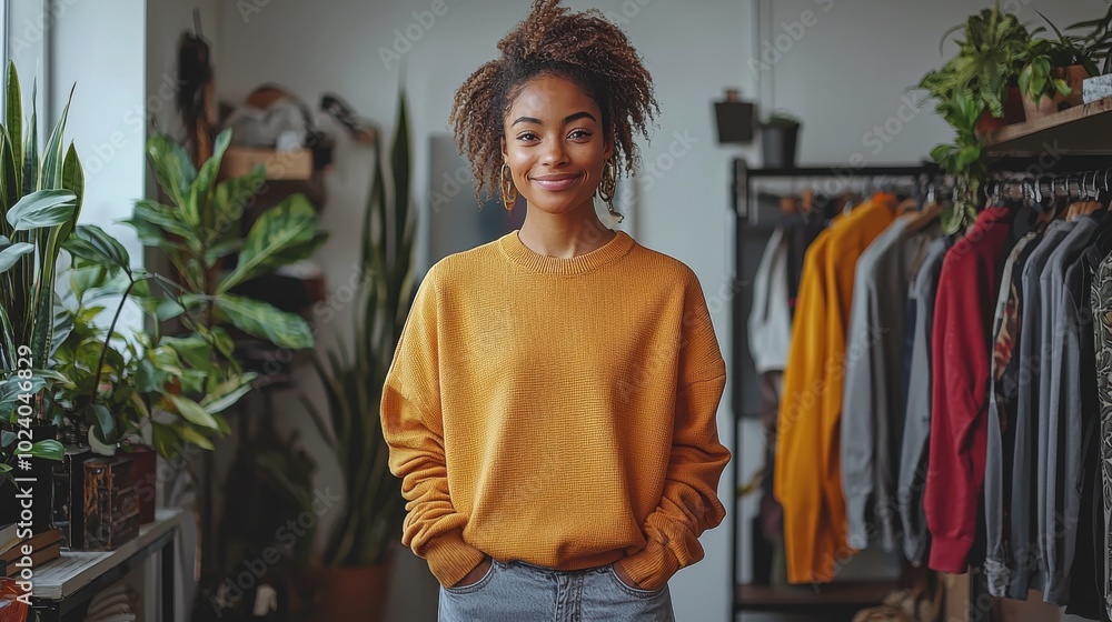 Confident woman smiling while wearing a casual yellow sweater, standing in a cozy room filled with plants and stylish clothes, creating a warm and relaxed atmosphere Confident woman smiling while wearing a casual yellow sweater, standing in a cozy room filled with plants and stylish clothes, creating a warm and relaxed atmosphere