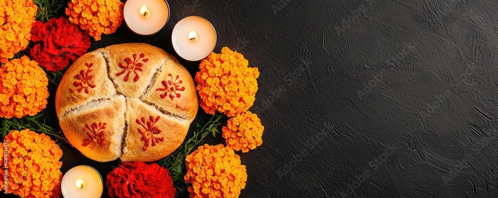 A vibrant arrangement of marigolds, candles, and a decorative bread, perfect for festive celebrations or traditional gatherings. A vibrant arrangement of marigolds, candles, and a decorative bread, perfect for festive celebrations or traditional gatherings.