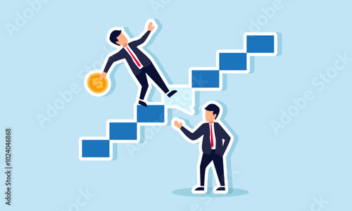 A businessman slips on the stairs while holding a dollar coin due to a speech made by another businessman, illustrating how powerful statements can affect dollar valuation