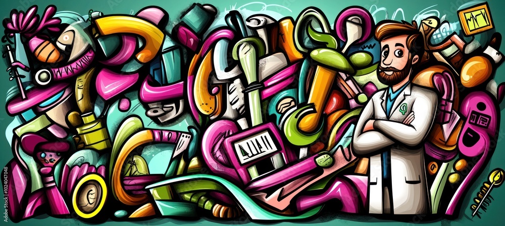 custom made wallpaper toronto digitalA colorful illustration featuring a scientist amidst abstract shapes and scientific tools.