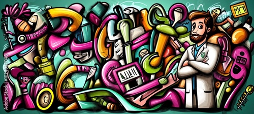 Wallpaper Mural A colorful illustration featuring a scientist amidst abstract shapes and scientific tools. Torontodigital.ca