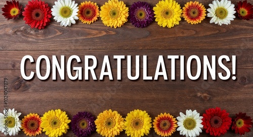 congratulations text lettering on wood background with colorful flowers on border