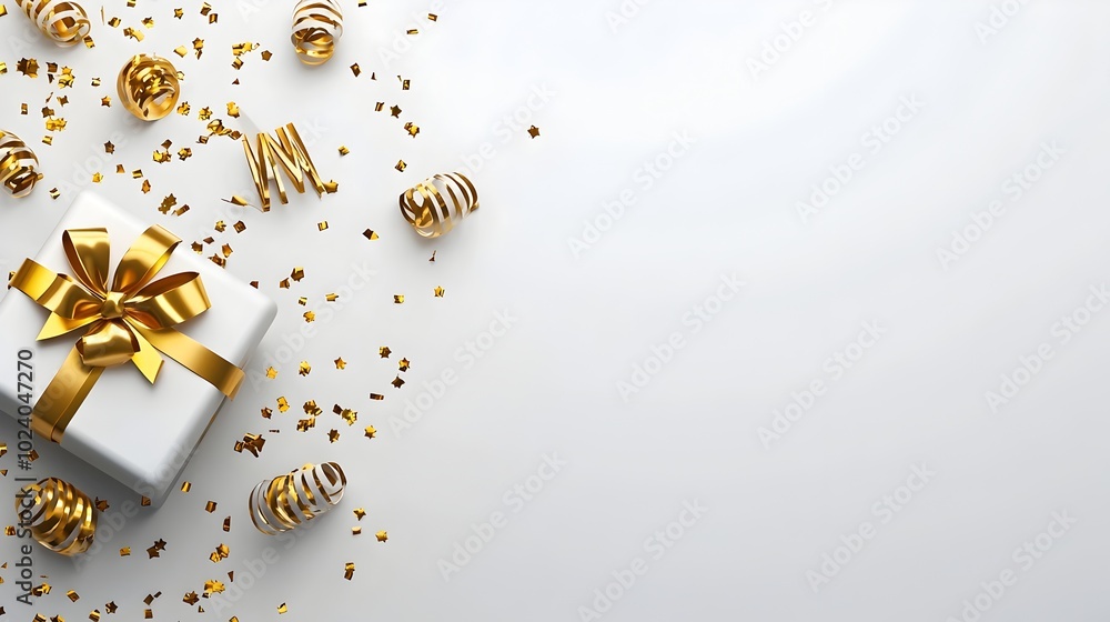 Fototapeta premium Minimalist Happy New Year Background with Bold Text Gold Accents and Scattered Confetti Side View for Modern Simplicity Technology Tone with Analogous Color Scheme