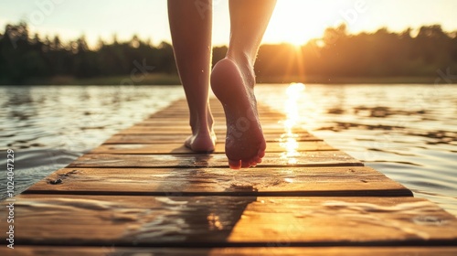 Person Walking Barefoot on a Wooden Dock at Sunset by the Lake