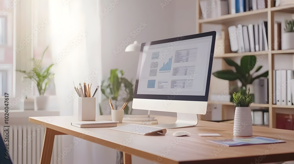 Fototapeta premium Bright and cozy home office with a desktop computer books and stylish decor designed for market appeal in modern work from home concepts Front view showcasing a welcoming