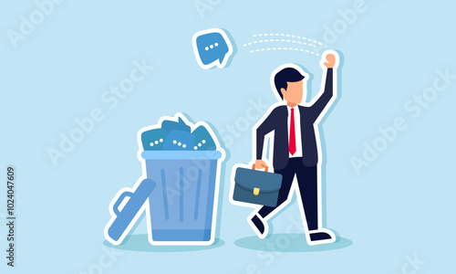 A businessman walks and throws a dialogue box into a trash bin full of dialogue boxes, illustrating discarding unimportant words or staying silent rather than speaking uselessly
