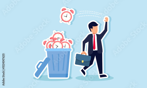 A businessman walks and throws an alarm clock into a trash bin full of alarm clocks, illustrating not wasting time on unimportant matters or promoting productivity at work