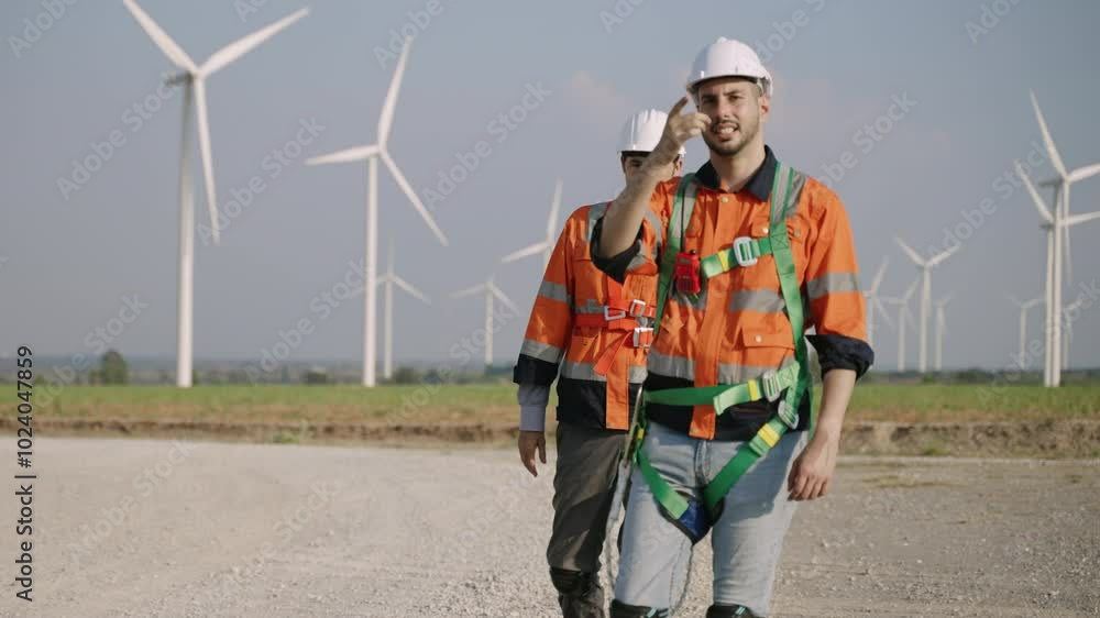 Renewable energy engineers working on wind turbine projects. Technician workers use a tablet to work together outdoors at windmill farms. Engineers research environmentally friendly ecology energy. Renewable energy engineers working on wind turbine projects. Technician workers use a tablet to work together outdoors at windmill farms. Engineers research environmentally friendly ecology energy.