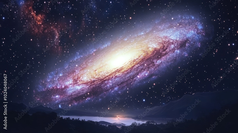 Very big pretty colorful galaxy in the sky close to some hills Very big pretty colorful galaxy in the sky close to some hills