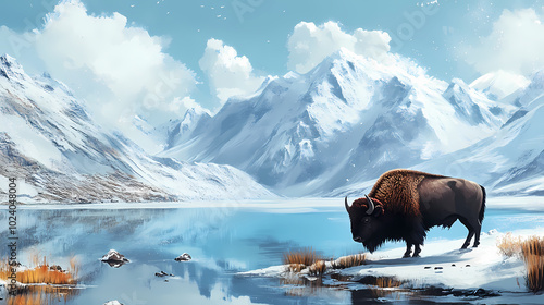 Bison by a snowy lake and mountains. Tibetan Plateau. Illustration photo