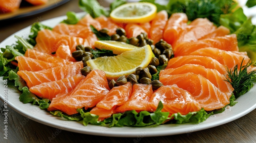 A platter of salmon slices garnished with lemon and capers on a bed of lettuce. A platter of salmon slices garnished with lemon and capers on a bed of lettuce.