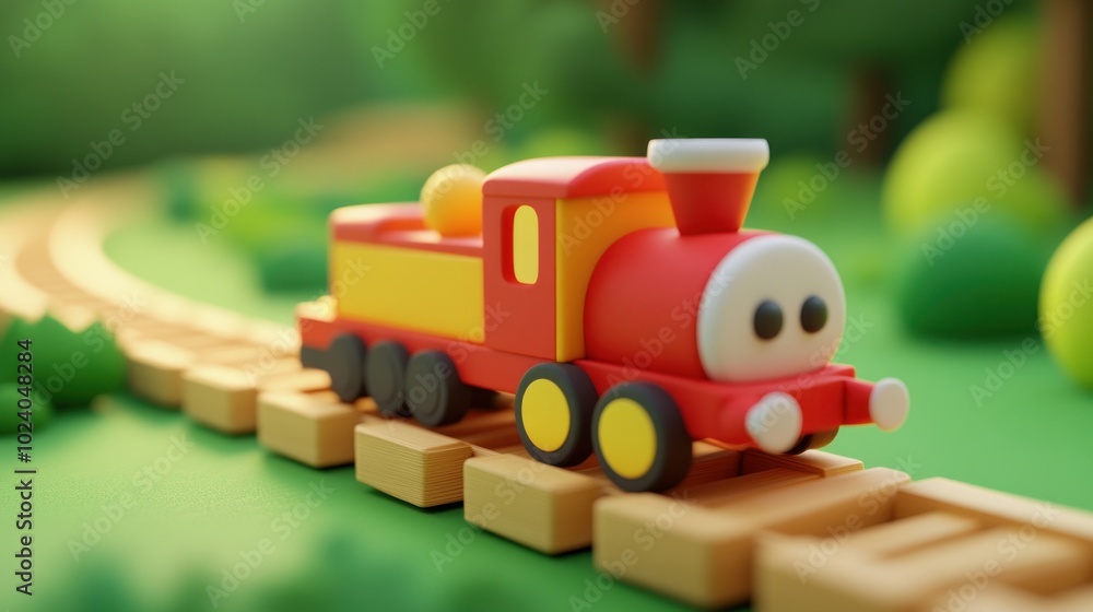 Fototapeta premium A colorful toy train on a wooden track in a vibrant, natural setting.