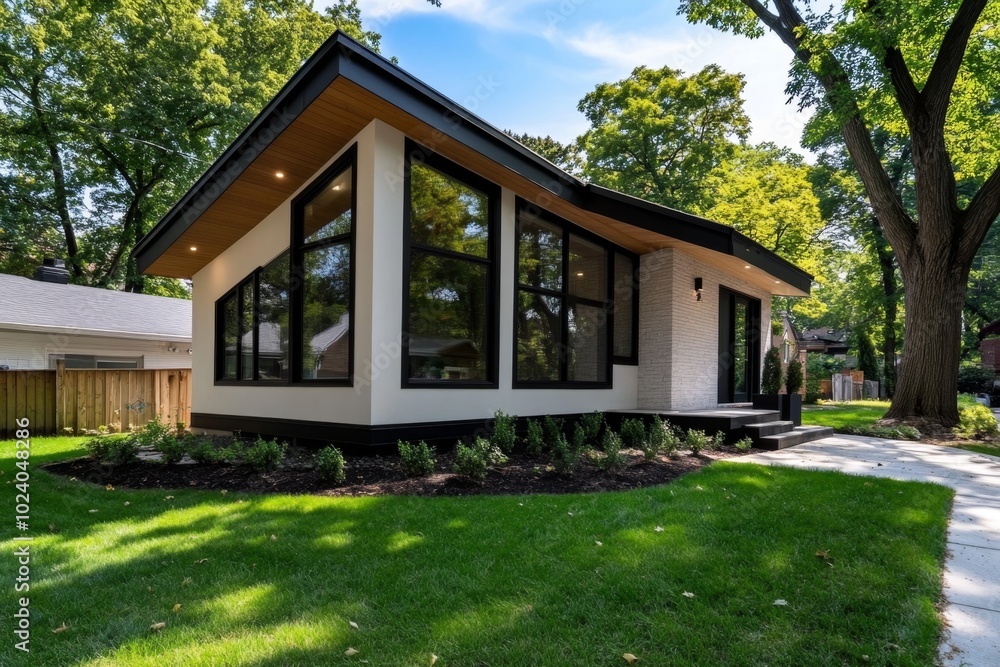 A simple, eco-friendly house with clean lines and large windows, surrounded by just a few trees and grass in a quiet setting A simple, eco-friendly house with clean lines and large windows, surrounded by just a few trees and grass in a quiet setting