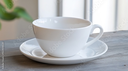 An elegant and minimalistic design showcasing an empty white cup and saucer, highlighting the beauty of simplicity in tableware. This set features clean lines and a smooth finish, making it perfect 