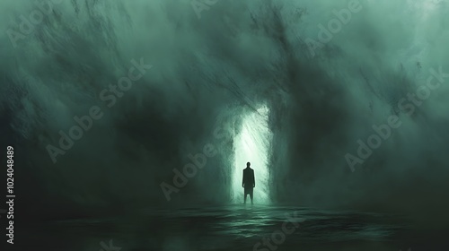 Silhouette of a Person Standing Before a Glowing Entrance in a Foggy, Green Environment