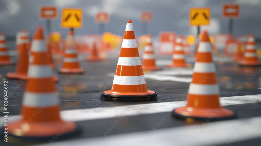 A scene featuring orange traffic cones on a road, indicating construction or detours. A scene featuring orange traffic cones on a road, indicating construction or detours.