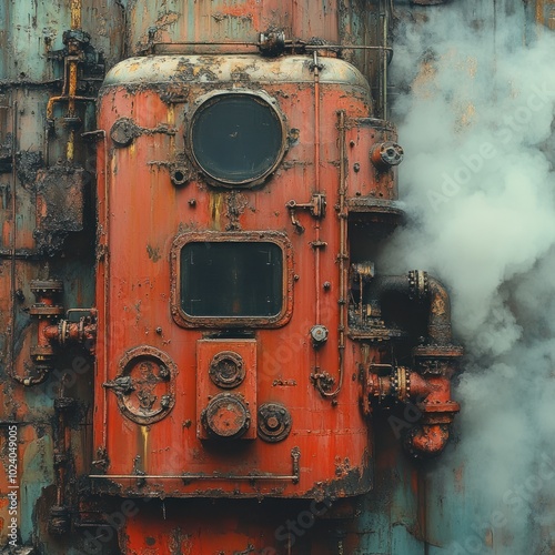 Rusty red metal panel with gauges, pipes, and steam escaping.