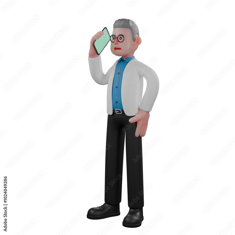 3D Male Physicist Researching. A male physicist stands holding a cellphone in his right hand and his left hand is on his waist. Solid State Physics Cartoon 3D Male Physicist Researching. A male physicist stands holding a cellphone in his right hand and his left hand is on his waist. Solid State Physics Cartoon