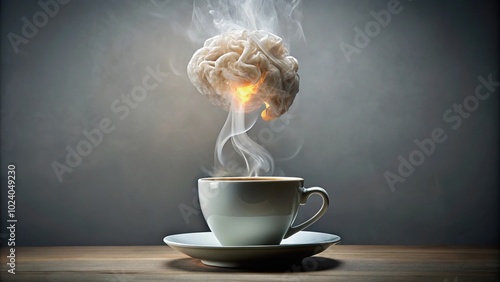 Image of a tea cup with steam in the shape of a brain on a gray background photo