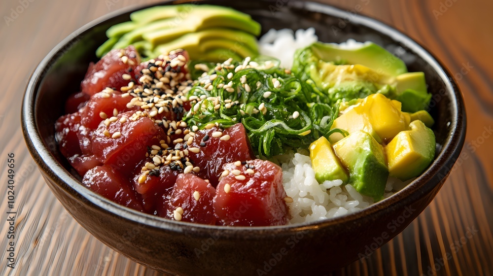 A bowl of poke, with fresh tuna, avocado, rice, and sesame seeds.
A bowl of poke, with fresh tuna, avocado, rice, and sesame seeds.