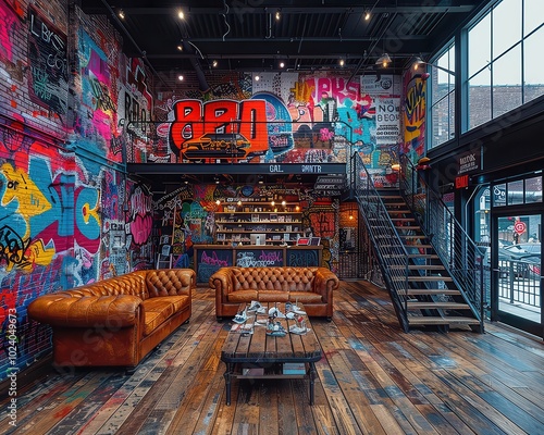 Urban stylish cafe with vibrant graffiti walls