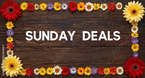 Sunday deals text lettering on wood background with colorful flowers on border