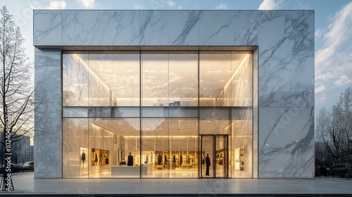 Modern marble storefront with large glass windows and automatic doors.