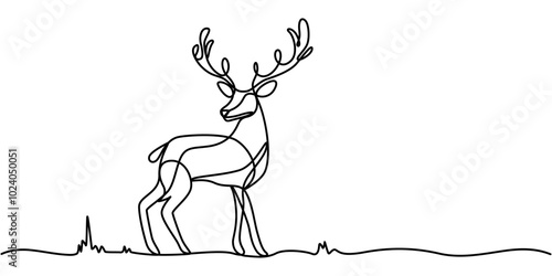 Christmas Reindeer Sitting Continuous Line Drawing with Editable Stroke, Christmas Reindeer Sitting Continuous Line Drawing with Editable Stroke, Reindeer Continuous Line Drawing with Editable Stroke