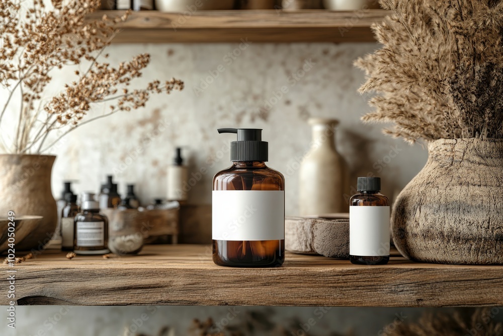 Amber Glass Bottles Mockup on Rustic Wooden Shelf with Dried Flowers and Vase Amber Glass Bottles Mockup on Rustic Wooden Shelf with Dried Flowers and Vase