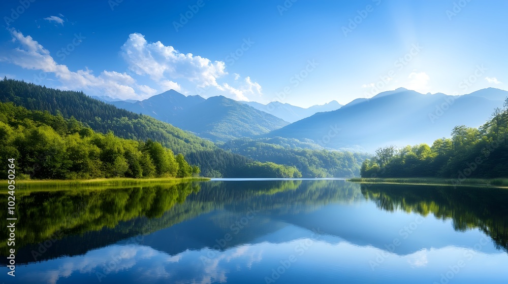 Stunning mountain landscape with lush green forests and a calm lake under a bright blue sky showcasing the beauty and tranquility of nature Perfect for imagery focused on scenic Stunning mountain landscape with lush green forests and a calm lake under a bright blue sky showcasing the beauty and tranquility of nature Perfect for imagery focused on scenic