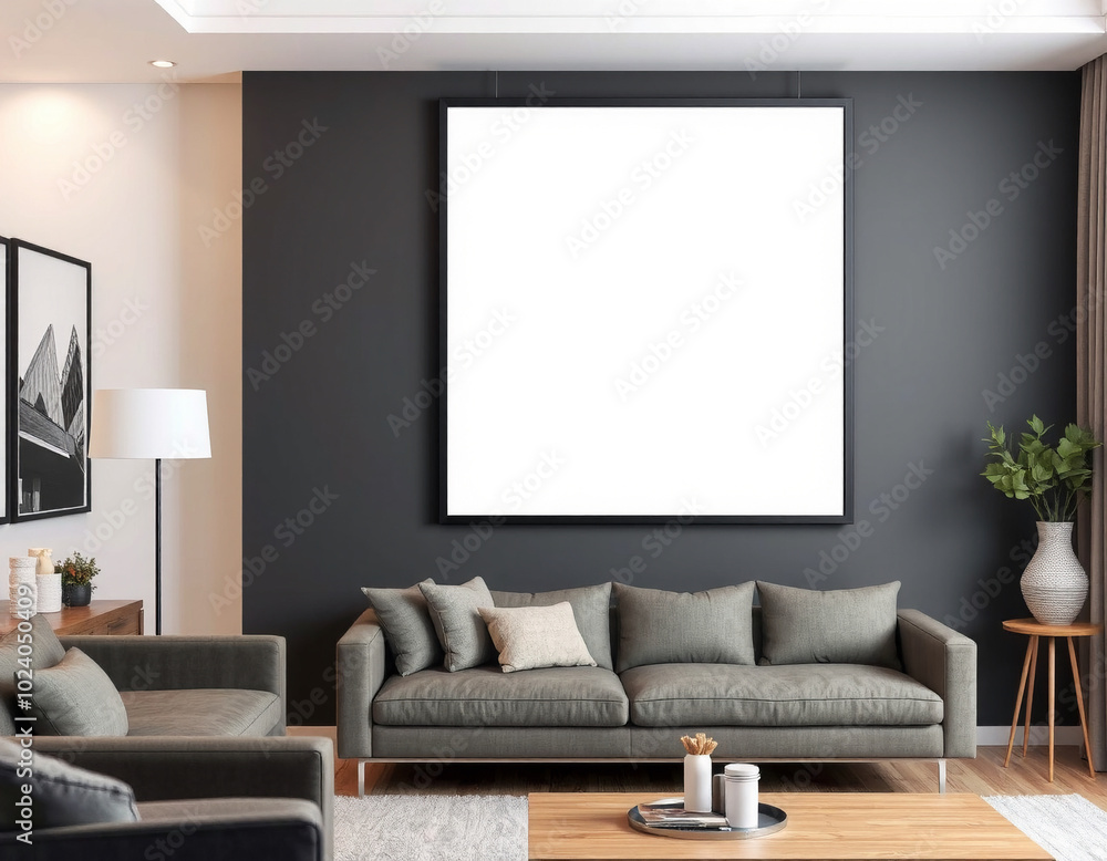 Modern Living Room with Blank Frame on Wall Modern Living Room with Blank Frame on Wall