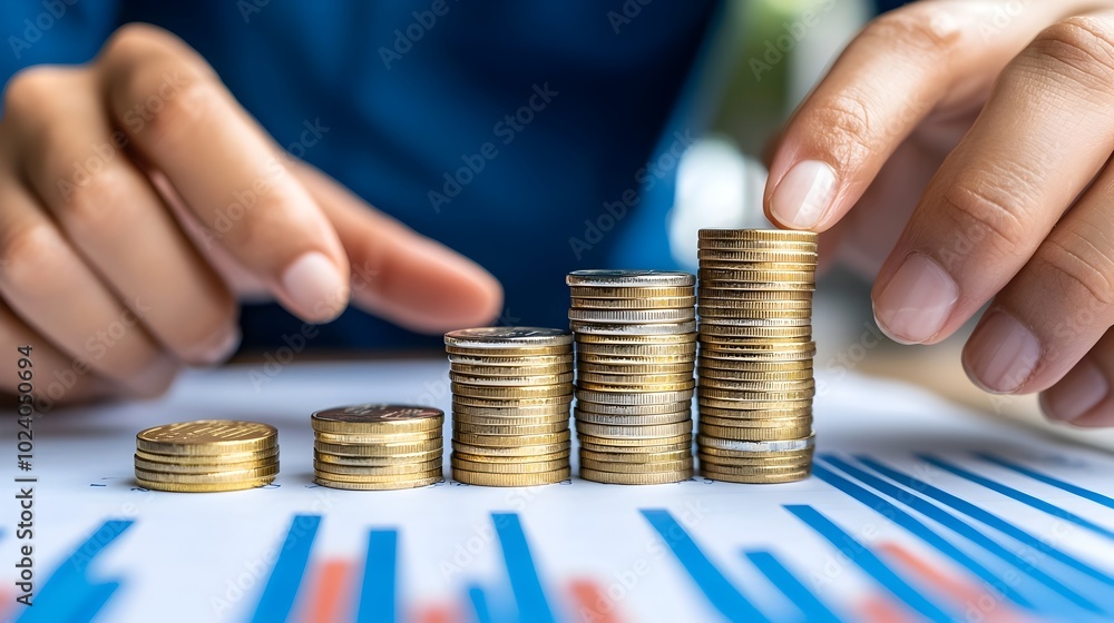 Hands Stacking Coins with Financial Growth Charts in the Background Representing Increasing Wealth and Success for Financial Planning Imagery Side View for a Dynamic Hands Stacking Coins with Financial Growth Charts in the Background Representing Increasing Wealth and Success for Financial Planning Imagery Side View for a Dynamic