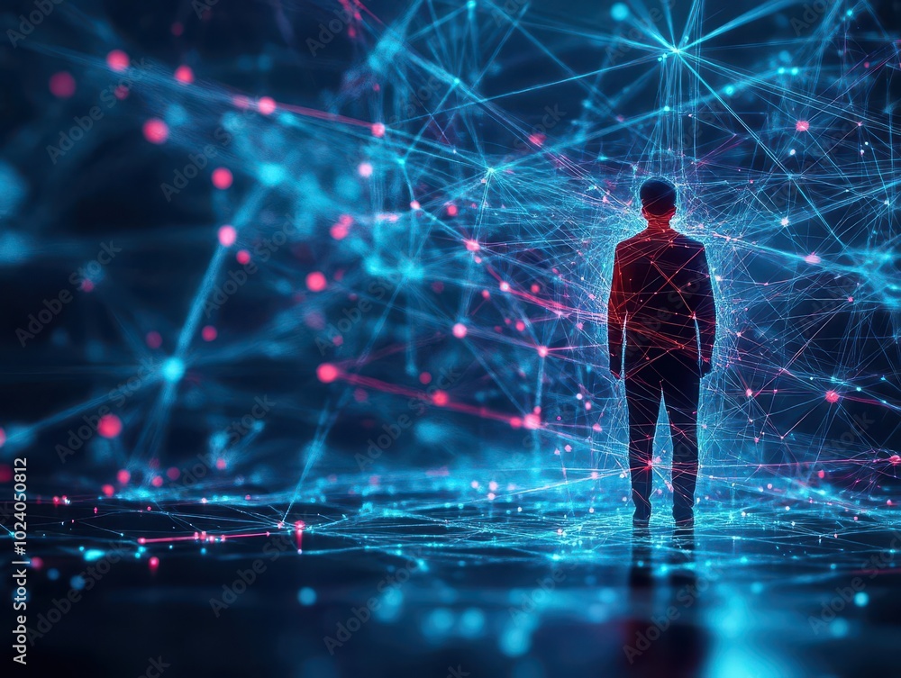 A virtual avatar stuck in a digital web of holographic strings, representing data overload and complexity, minimalistic, glowing blue and red tones A virtual avatar stuck in a digital web of holographic strings, representing data overload and complexity, minimalistic, glowing blue and red tones