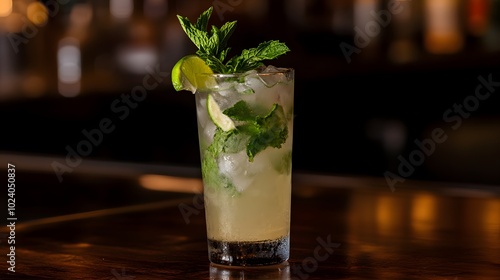 A classic mojito cocktail, with fresh mint leaves, lime wedges, and crushed ice.