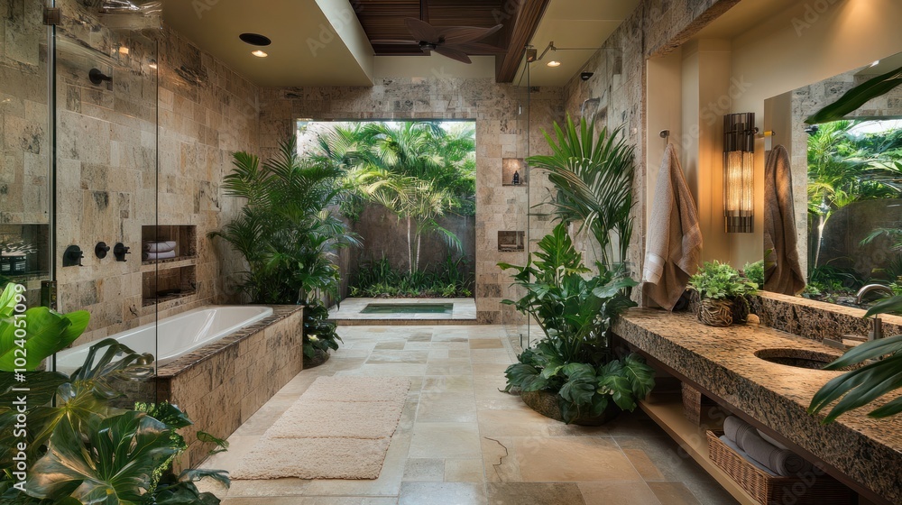 Naklejka premium Tropical luxury bathroom with outdoor elements, featuring lush greenery, natural stone, 
